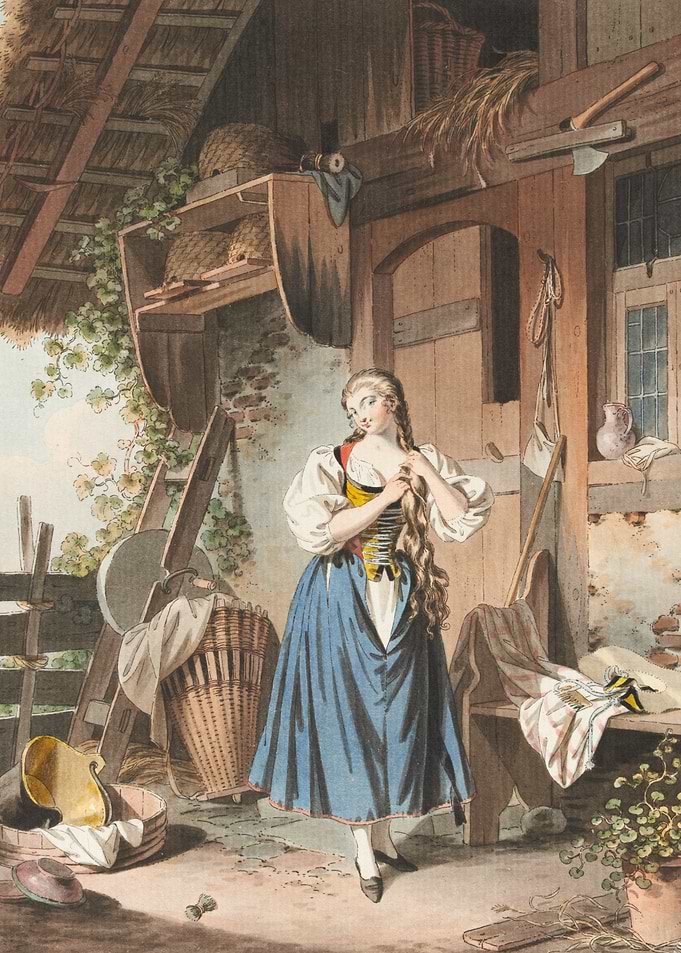 Woman braiding long hair in a barn