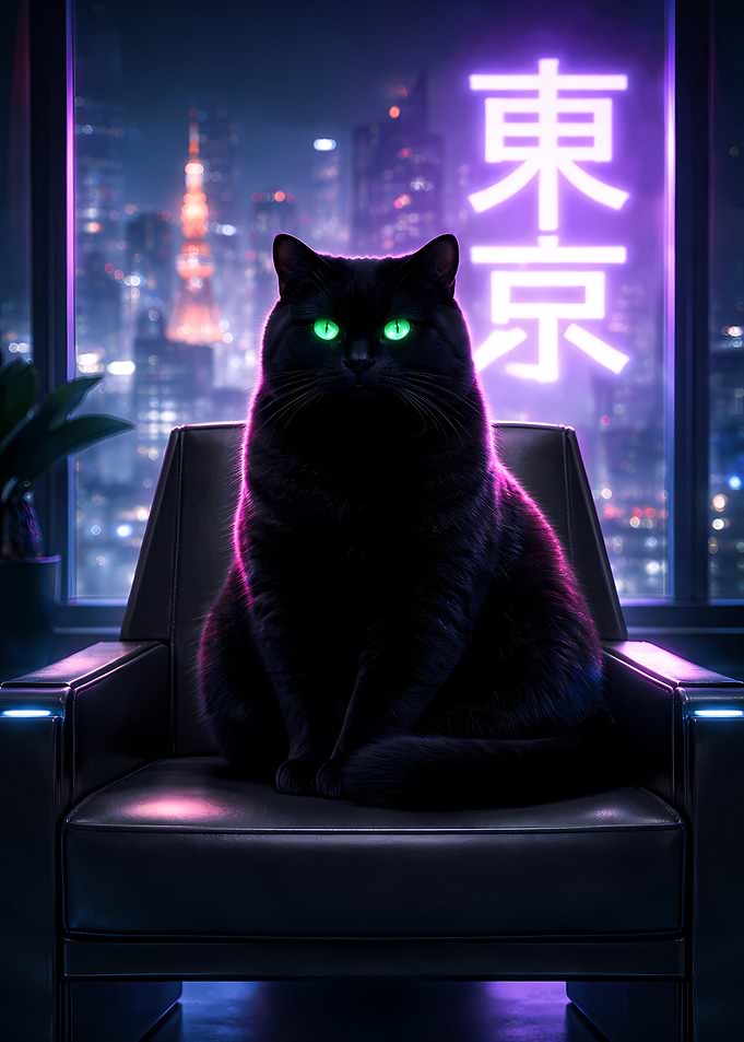 Black Cat Dark Penthouse Window View Neon Tokyo