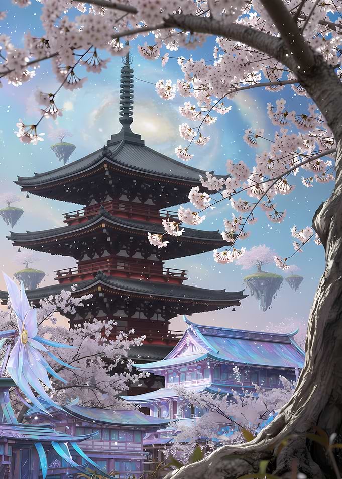 Fantasy Japanese Pagoda with Cherry Blossoms