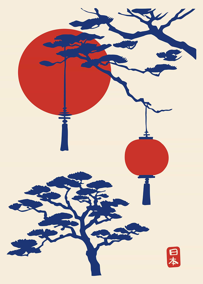 Japanese Lanterns and Pine Trees
