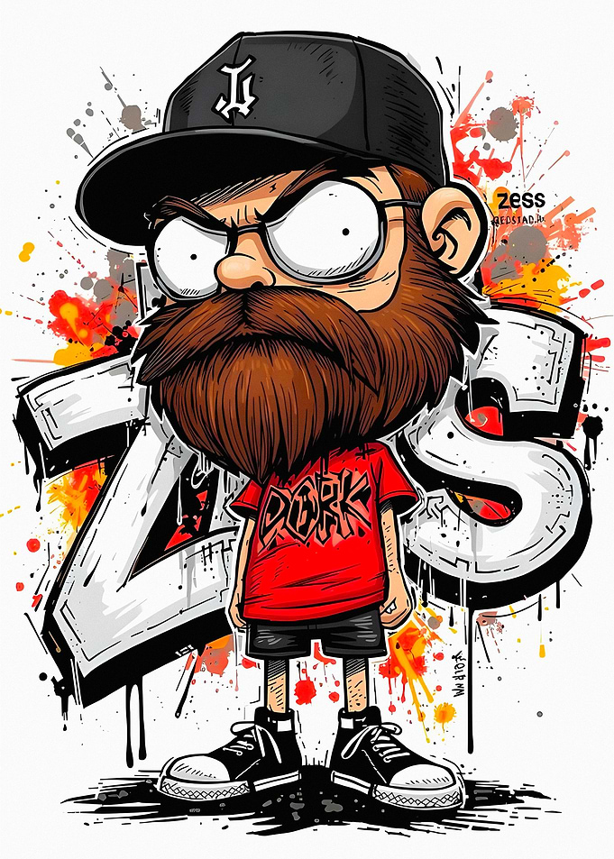 Cartoon character with beard and glasses