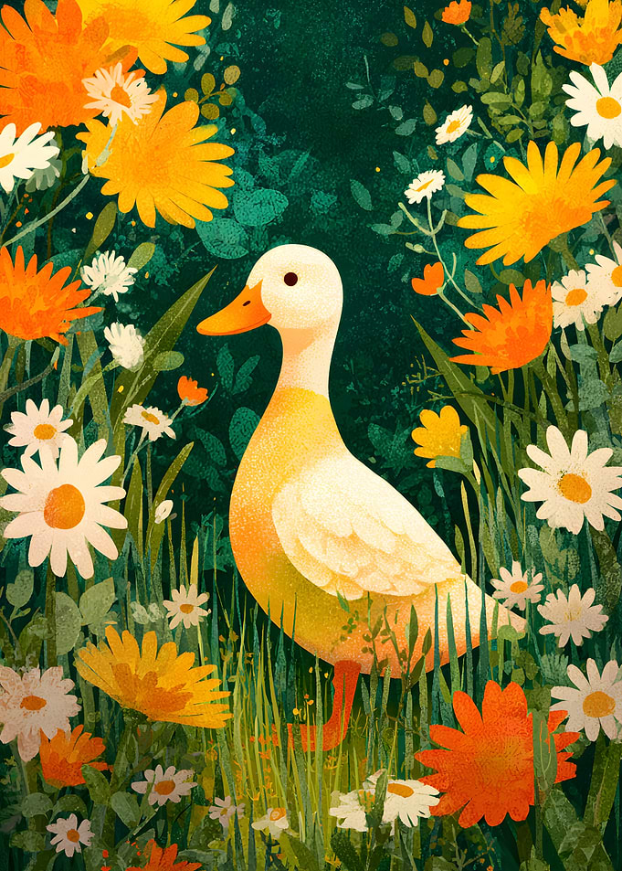 Duck in a Floral Garden