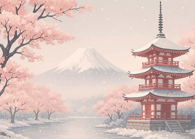 Japanese Pagoda with Mount Fuji