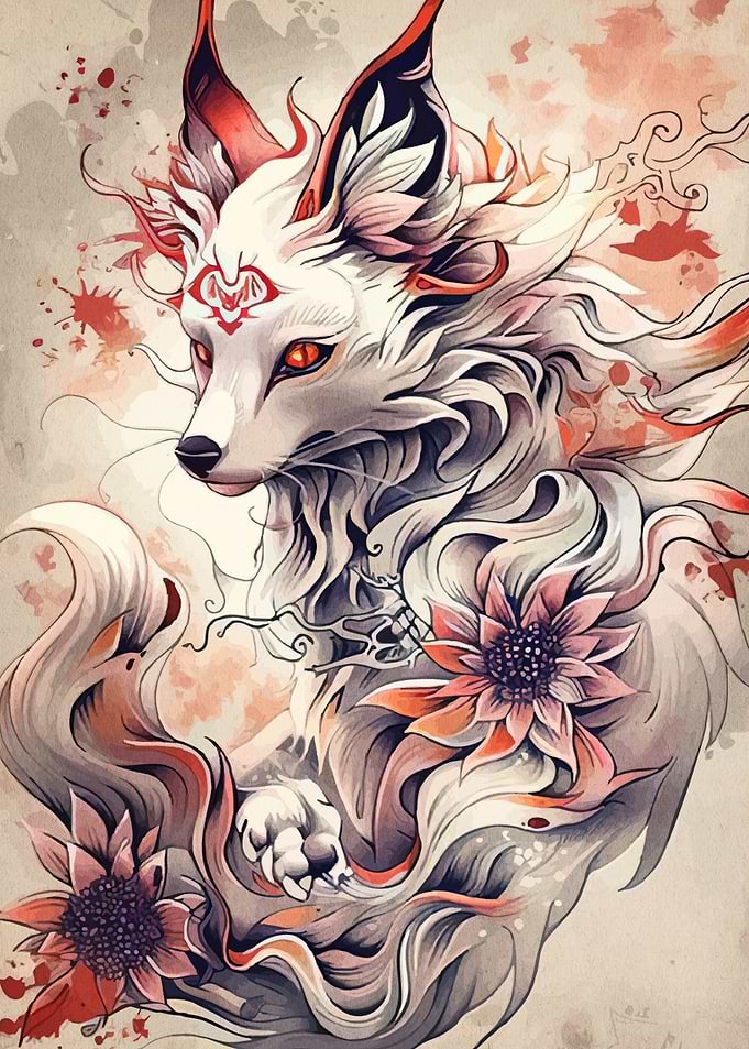 Mythical Fox Spirit with Flowers