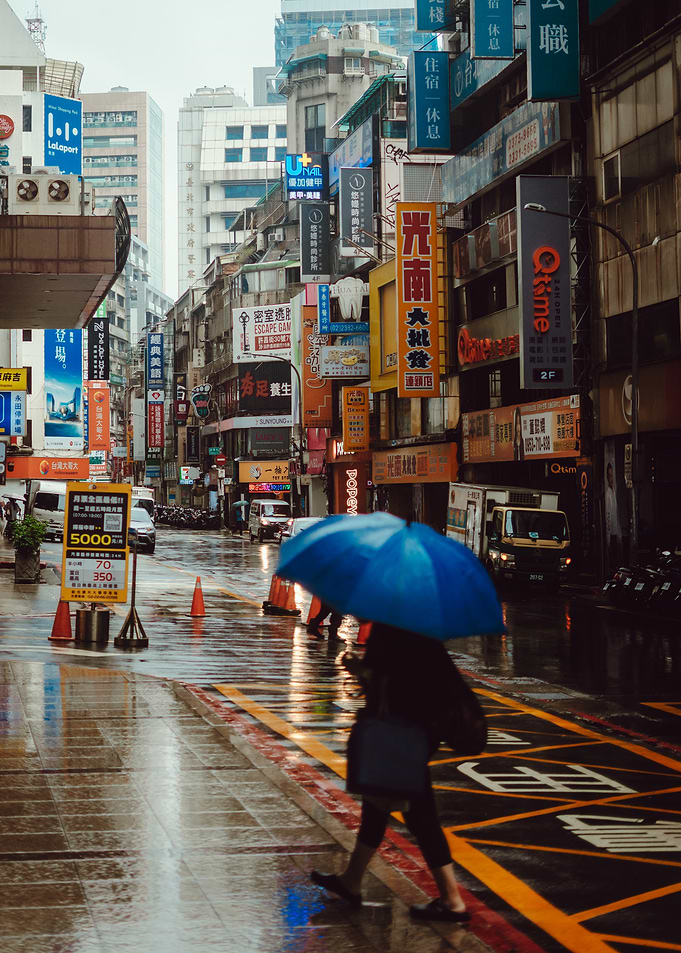 Person with umbrella in rainy city street