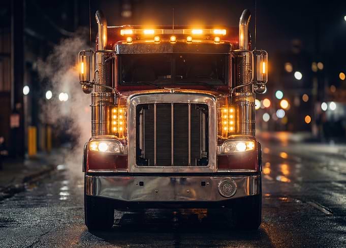 Nighttime Semi-Truck with Lights