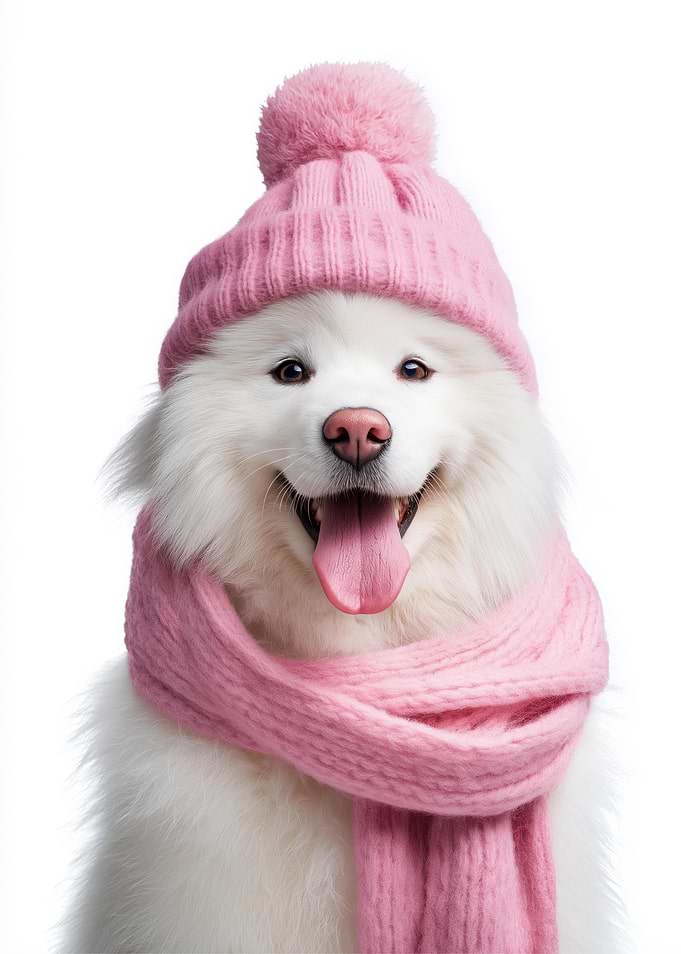 Cute Samoyed dog Wearing Pink Winter Hat and Scarf