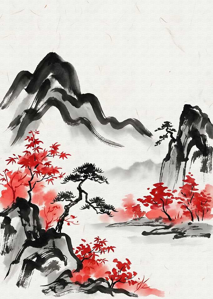 Japanese Ink Painting of Mountains and Trees