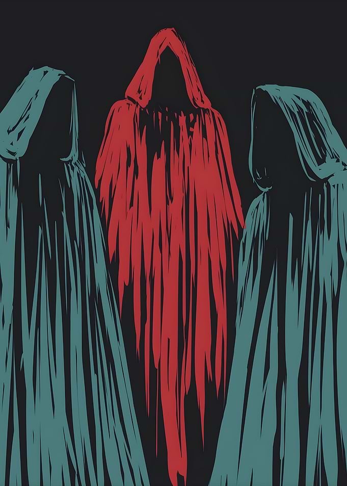 Three hooded figures in red and teal