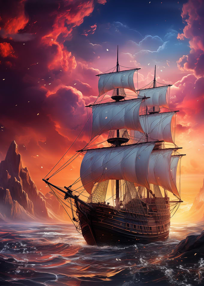 Ship in Fiery fantasy sunset