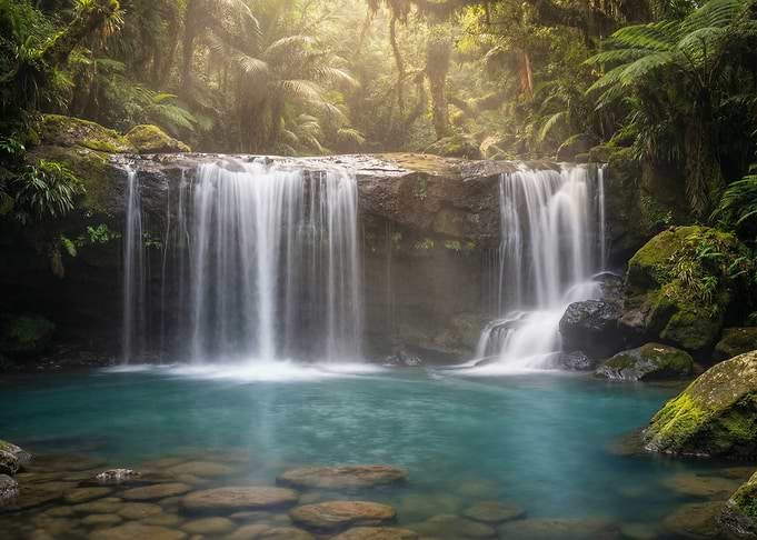 Lush Waterfall in a Tropical Forest