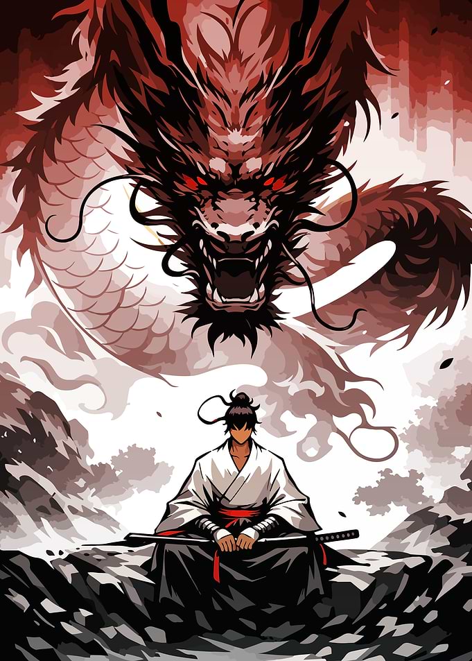 Samurai Facing a Red Dragon