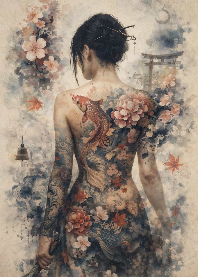 Tattooed Woman with Koi and Flowers