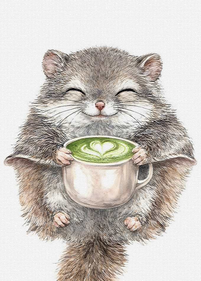 Cute Squirrel Holding Matcha Latte