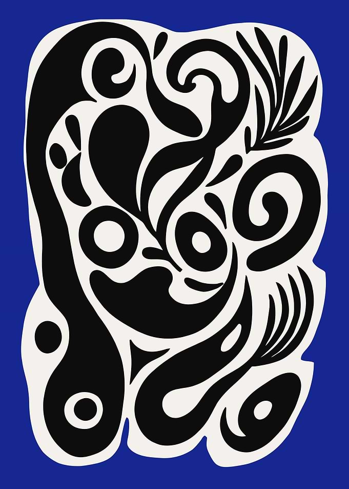 Abstract Black and White Organic Shapes on Blue
