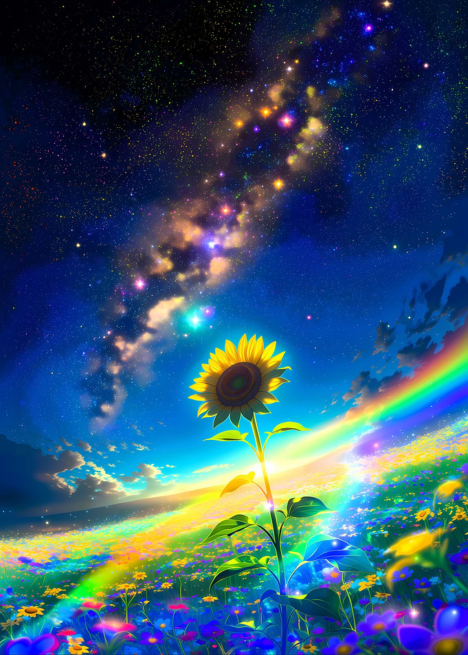 Sunflower Under a Cosmic Rainbow Sky