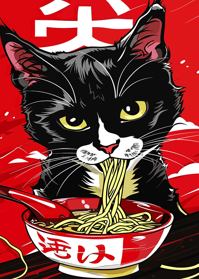 Black Cat Eating Ramen