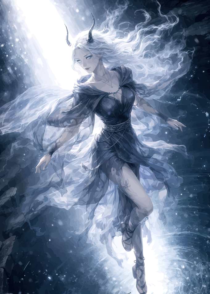 Fantasy Woman with Horns and Flowing Dress