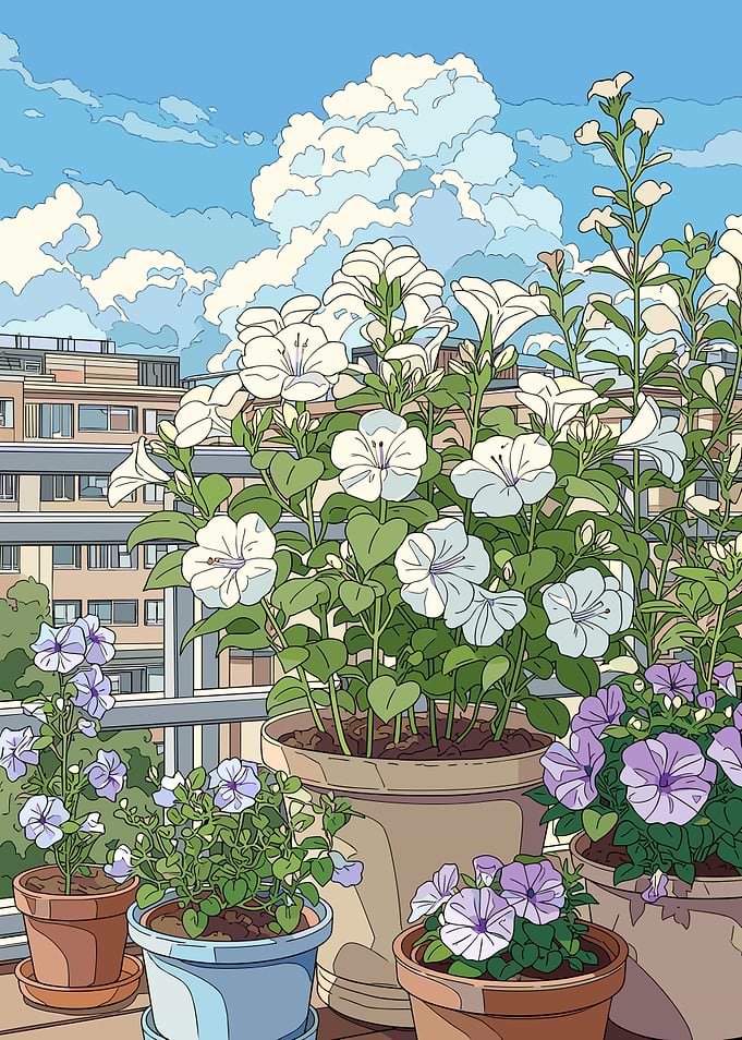 Balcony Garden with Flowers and Cityscape