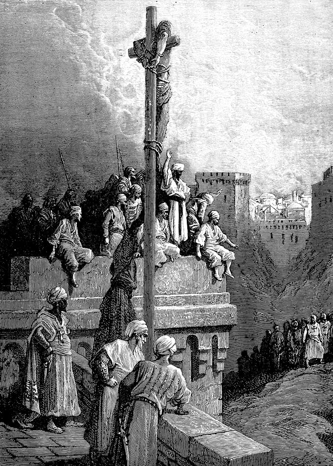 Gerard Exposed on the Ramparts of Arsur Gustave Dore Crusades Engraving