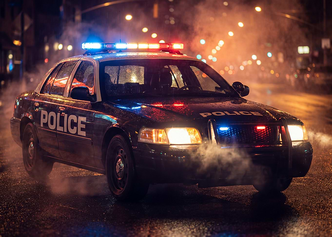 Police Car with Flashing Lights at Night