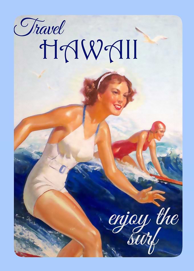 Vintage Hawaii Surf Travel Poster