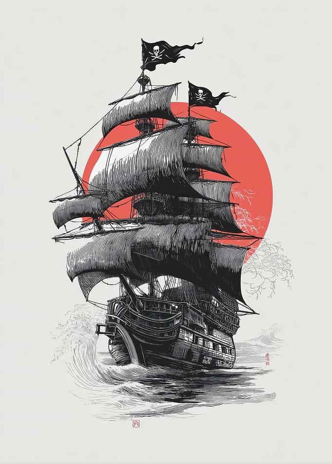 Pirate Ship Sailing Through Waves