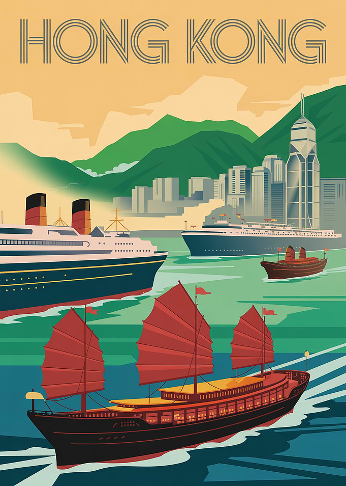 Hong Kong Harbor Vintage Poster