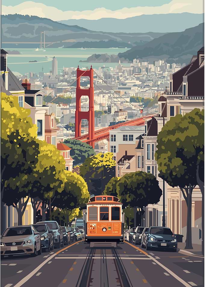 San Francisco Cable Car with Golden Gate Bridge