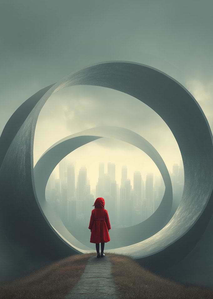Child in Red Coat Facing Cityscape