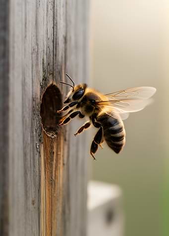 Bee entering a wooden hive entrance