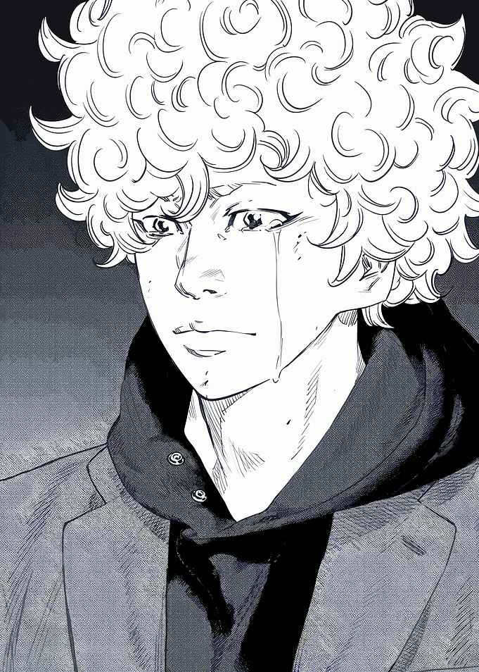 Crying anime boy with curly hair