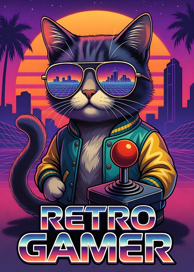Retro Gamer Cat with Joystick