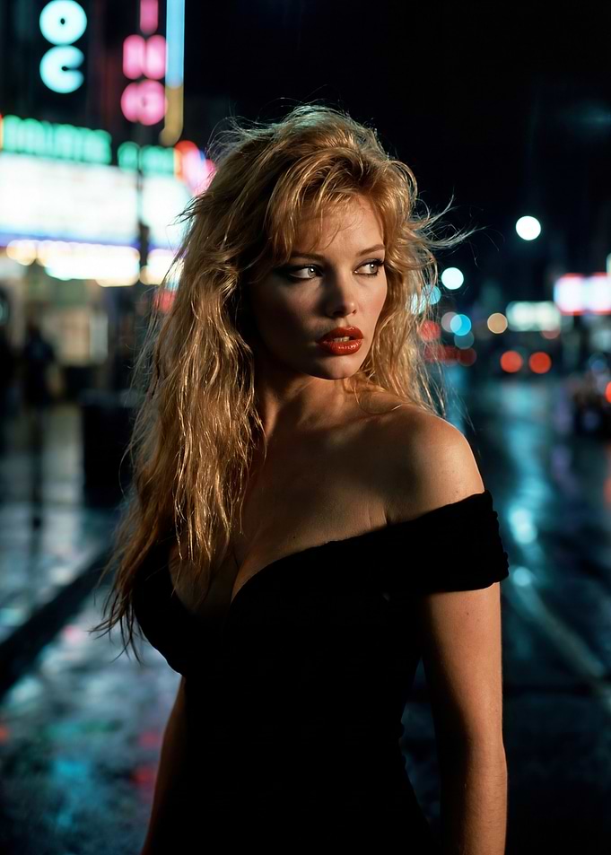 Woman in black dress at night