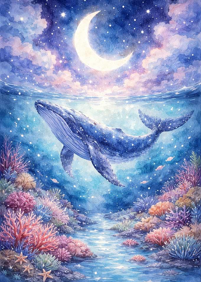 Whale swimming under a crescent moon