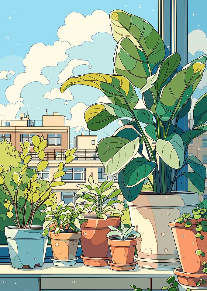 Potted Plants on a Windowsill with City View