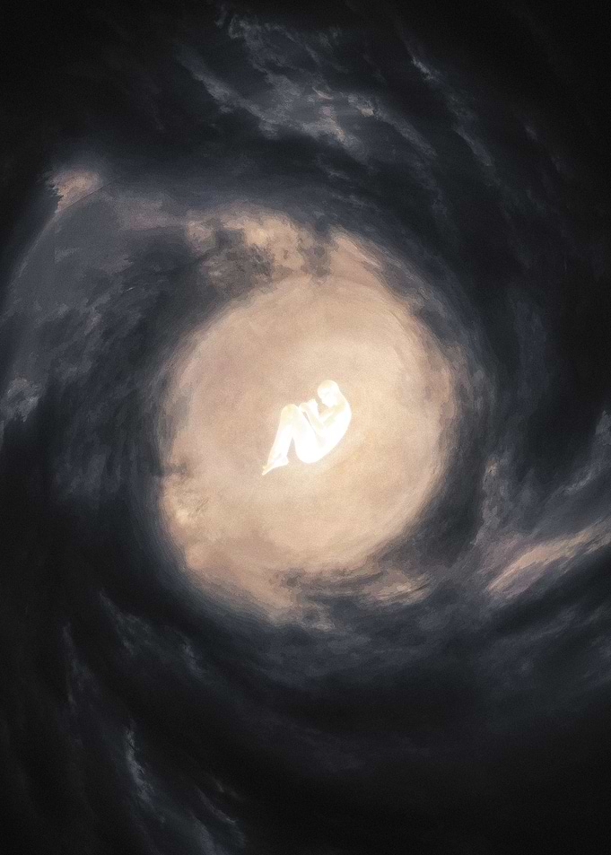 A person sinks into a whirlpool