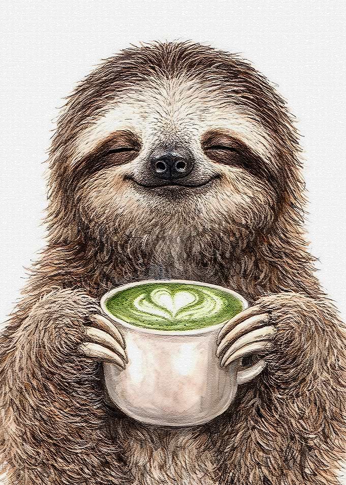 Sloth Enjoying Matcha Latte