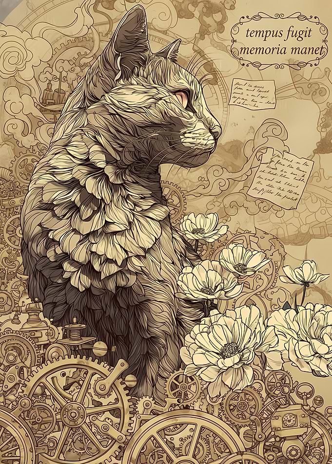 Steampunk Cat with Flowers and Gears