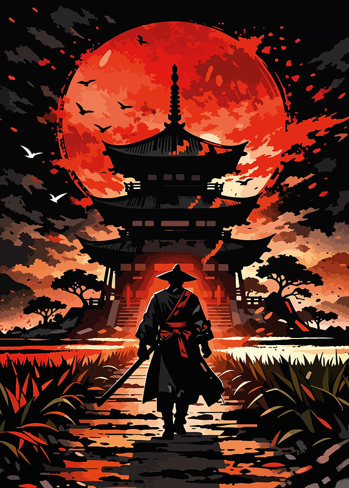 Samurai Before Pagoda Under Red Moon