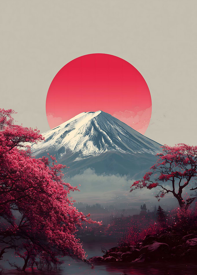 Mount Fuji with Cherry Blossoms and Sun