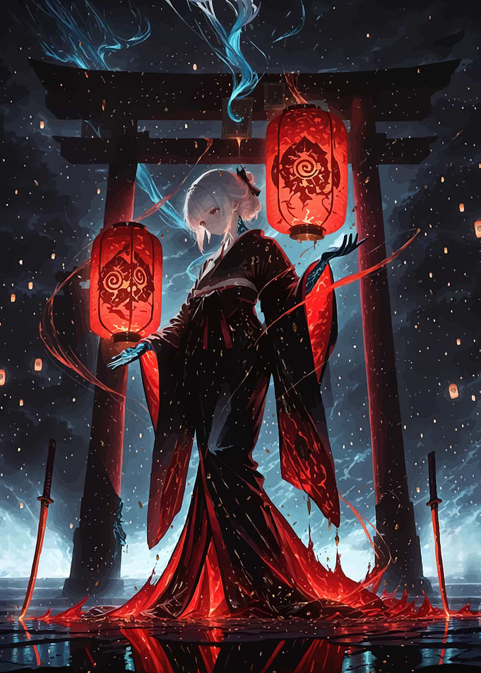 Anime Girl in Kimono with Lanterns
