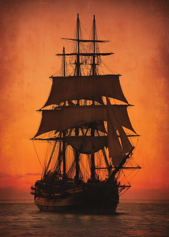 Tall Ship Sailing at Sunset