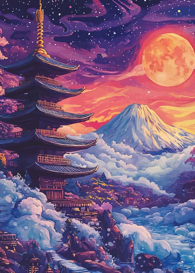Pagoda and Mount Fuji at Sunset
