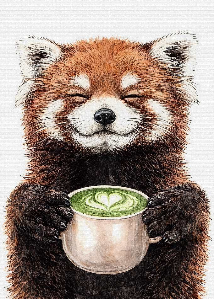 Red Panda Enjoying Matcha Tea