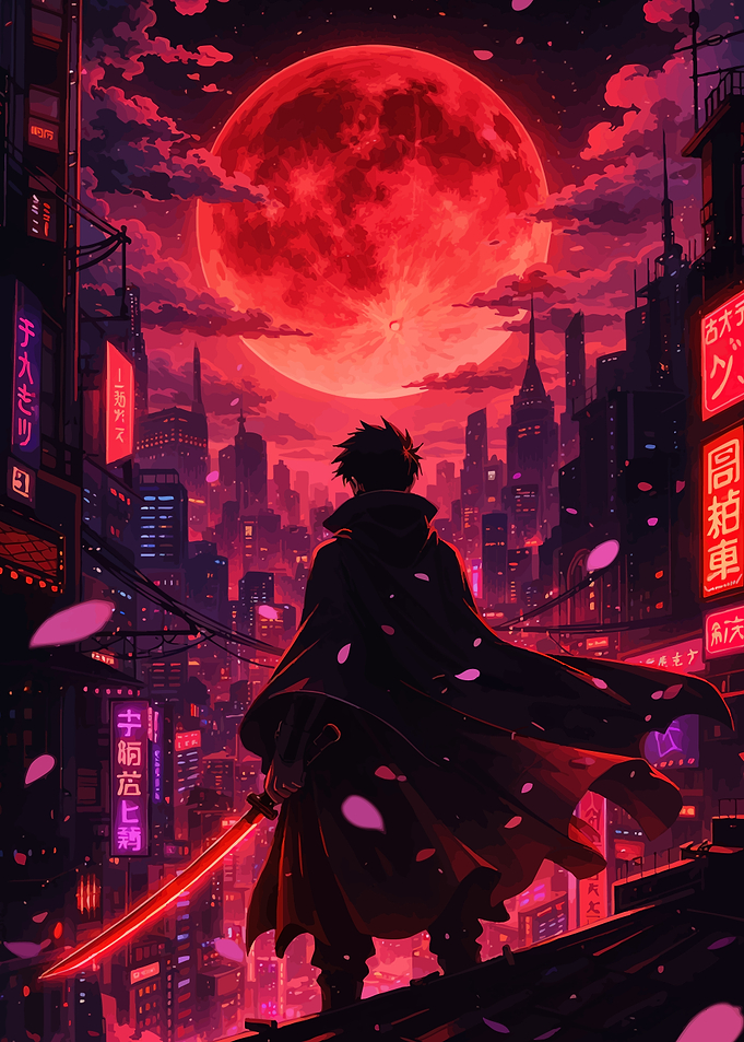 Samurai in a Neon City Under a Red Moon