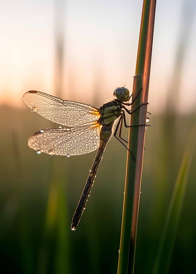 Dragonfly with Dewdrops at Sunrise