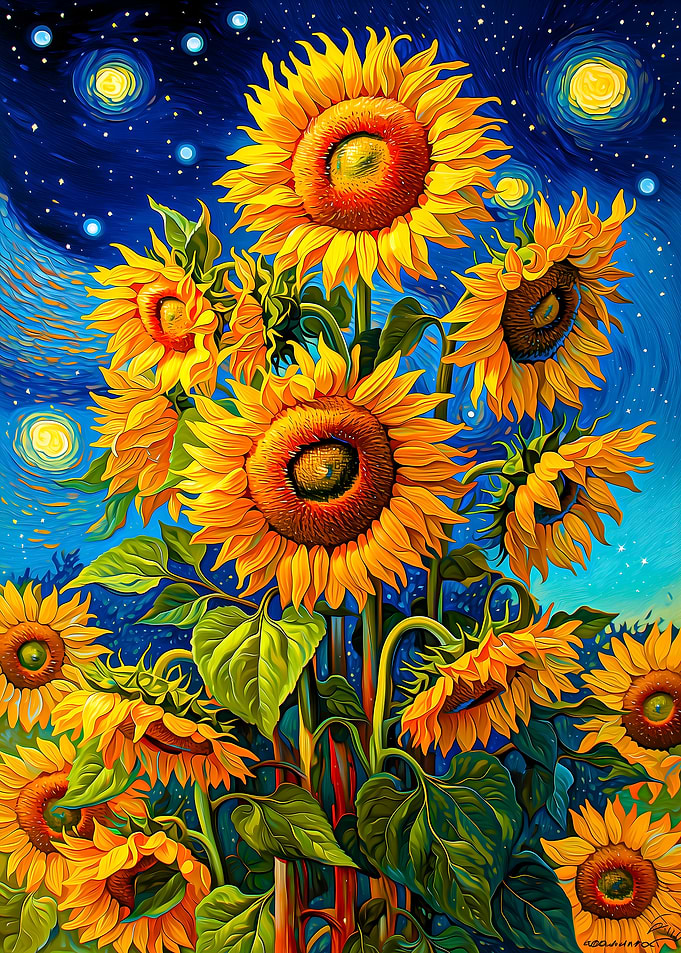 Sunflowers Under a Starry Night Sky