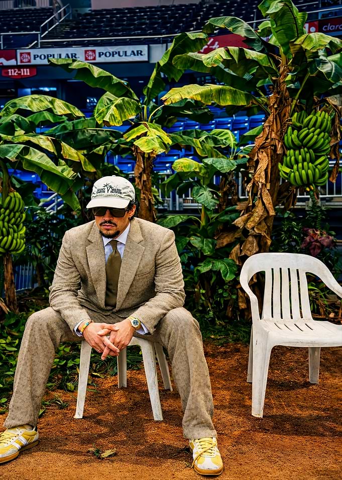 Bad bunny in Suit Poses by Banana Trees