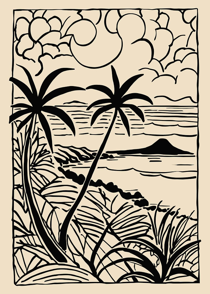 Tropical Island Scene with Palm Trees